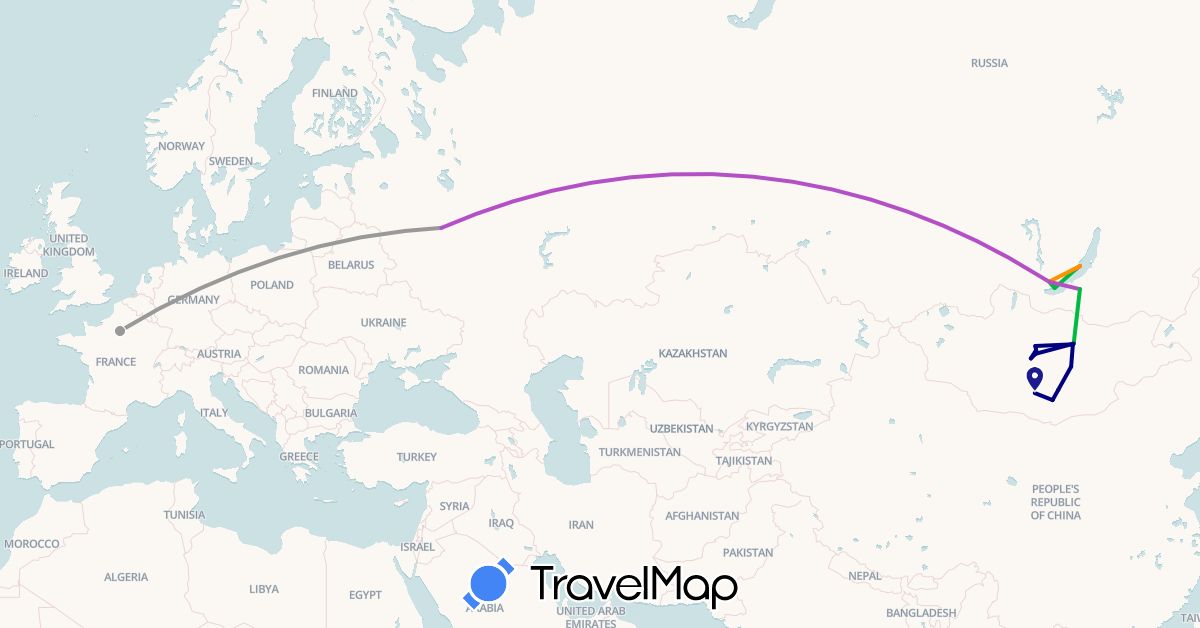 TravelMap itinerary: driving, bus, plane, train, hiking, hitchhiking in France, Mongolia, Russia (Asia, Europe)